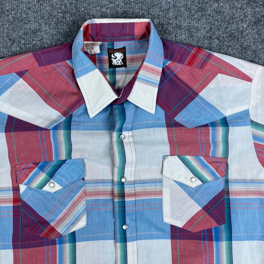 Karman Western Shirt Mens XL Plaid Pearl Snap Short‎ Sleeve Rodeo Cowboy Vintage